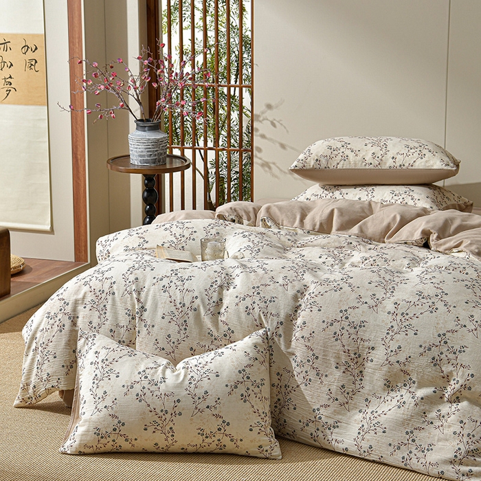 91家纺网 家纺一手货源 找家纺 绘萱家居 2026新款纯棉+麻棉麻全棉印花四件套 素枝春信