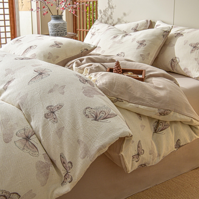 91家纺网 家纺一手货源 找家纺 绘萱家居 2026新款纯棉+麻棉麻全棉印花四件套 蝴蝶舞