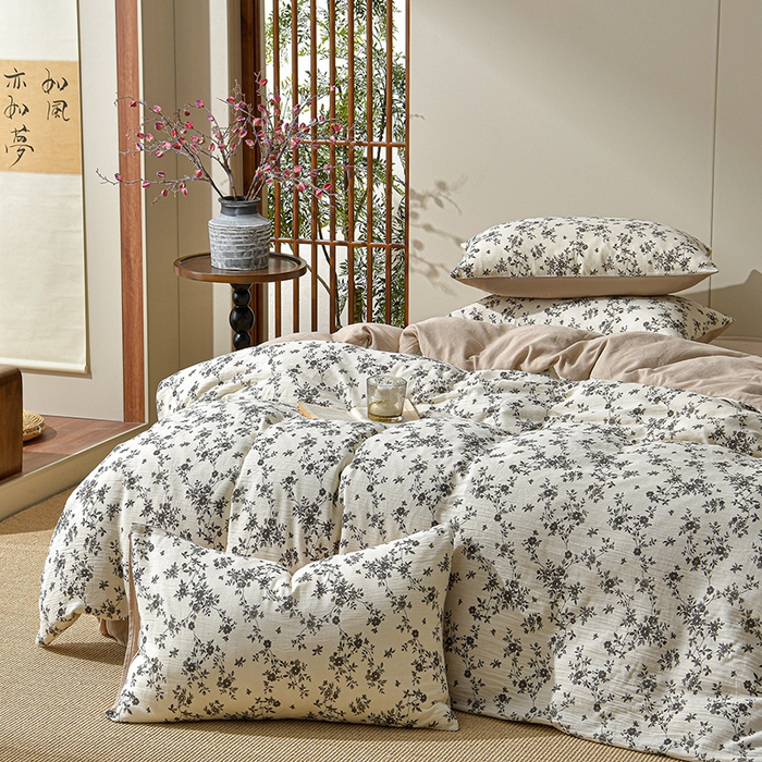 91家纺网 家纺一手货源 找家纺 绘萱家居 2026新款纯棉+麻棉麻全棉印花四件套 枝蔓轻语