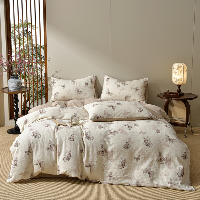 91家纺网 家纺一手货源 找家纺 绘萱家居 2026新款纯棉+麻棉麻全棉印花四件套 蝴蝶舞