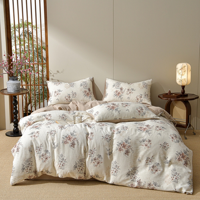 91家纺网 家纺一手货源 找家纺 绘萱家居 2026新款纯棉+麻棉麻全棉印花四件套 粉黛花事