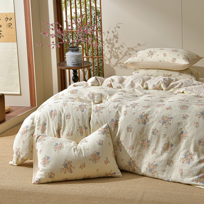 91家纺网 家纺一手货源 找家纺 绘萱家居 2026新款纯棉+麻棉麻全棉印花四件套 花季