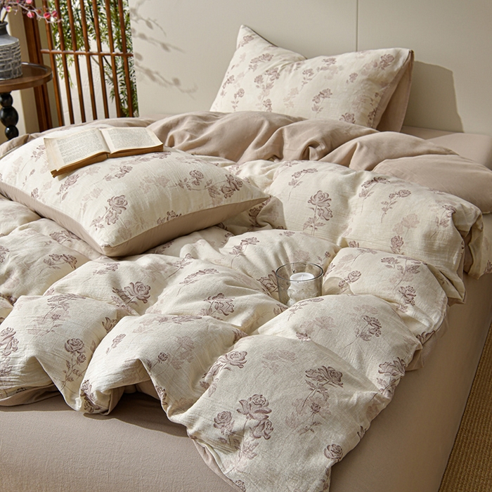 91家纺网 家纺一手货源 找家纺 绘萱家居 2026新款纯棉+麻棉麻全棉印花四件套 晚风玫瑰