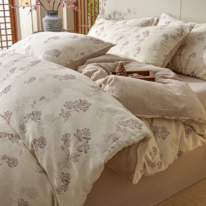 绘萱家居 2026新款纯棉+麻棉麻全棉印花四件套 晚风玫瑰