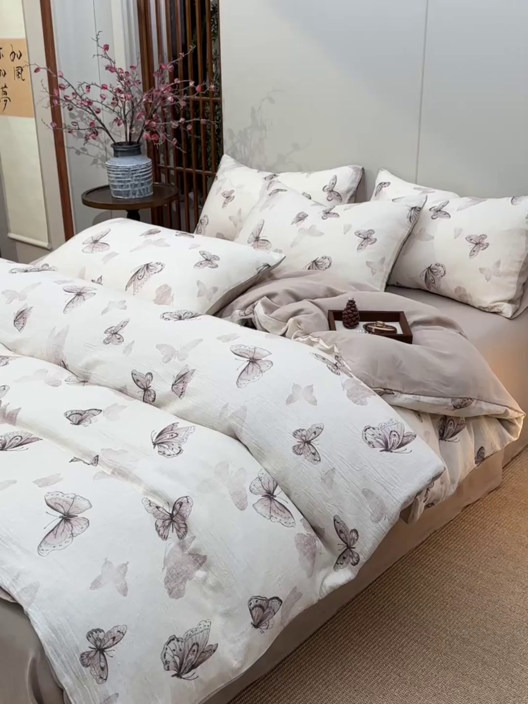 91家纺网 家纺一手货源 找家纺 绘萱家居 2026新款纯棉+麻棉麻全棉印花四件套 蝴蝶舞