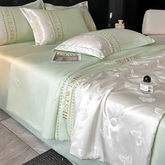 91家纺网 家纺一手货源 找家纺 （总）绘萱家居 2026爆款莱赛冰丝绣花拼接提花水洗天丝夏被四件套水洗真丝夏被夏凉被空调被