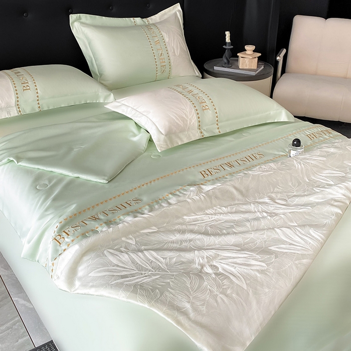 91家纺网 家纺一手货源 找家纺 绘萱家居 2026爆款莱赛冰丝绣花拼接提花水洗天丝夏被四件套水洗真丝夏被夏凉被空调被 雅韵柔梦-绿