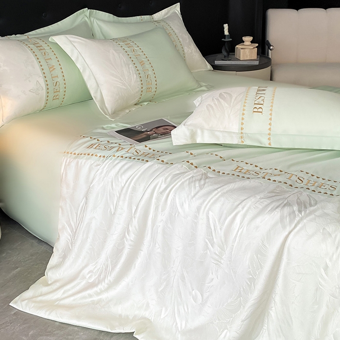 91家纺网 家纺一手货源 找家纺 绘萱家居 2026爆款莱赛冰丝绣花拼接提花水洗天丝夏被四件套水洗真丝夏被夏凉被空调被 雅韵柔梦-绿