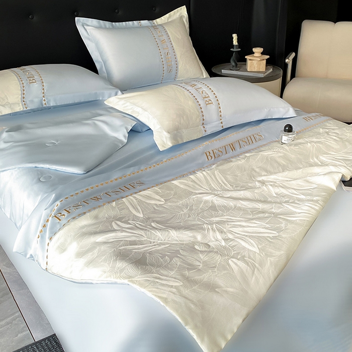 91家纺网 家纺一手货源 找家纺 绘萱家居 2026爆款莱赛冰丝绣花拼接提花水洗天丝夏被四件套水洗真丝夏被夏凉被空调被 雅韵柔梦-蓝