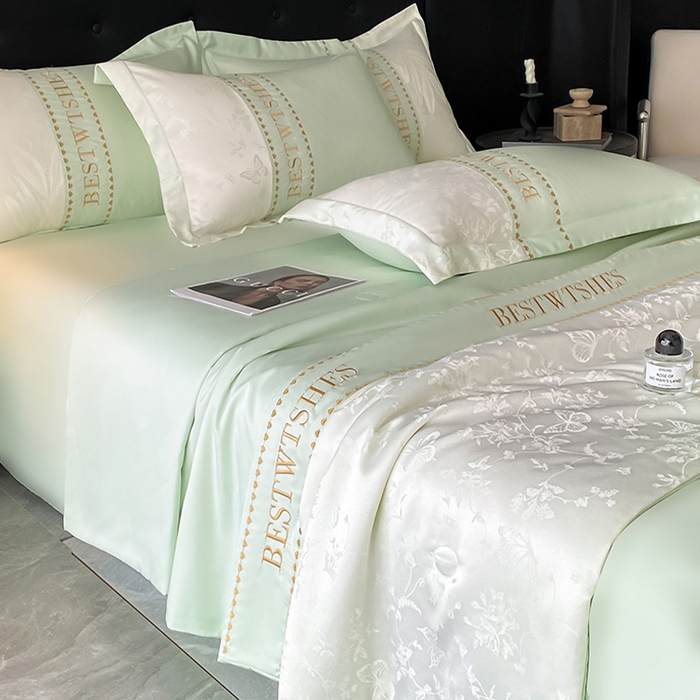 绘萱家居 2026爆款莱赛冰丝绣花拼接提花水洗天丝夏被四件套水洗真丝夏被夏凉被空调被 花香蝶舞-绿