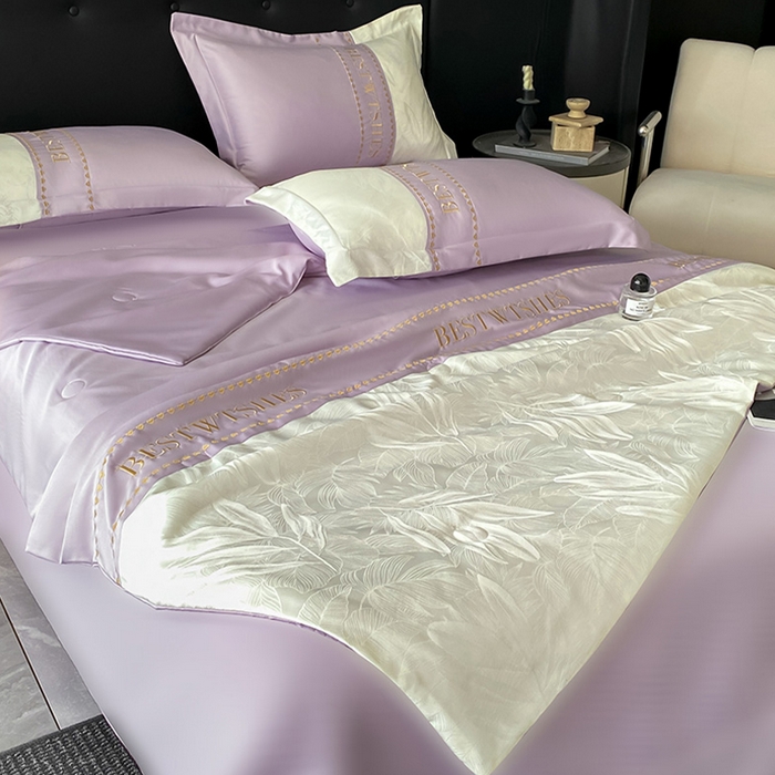 91家纺网 家纺一手货源 找家纺 绘萱家居 2026爆款莱赛冰丝绣花拼接提花水洗天丝夏被四件套水洗真丝夏被夏凉被空调被 雅韵柔梦-紫