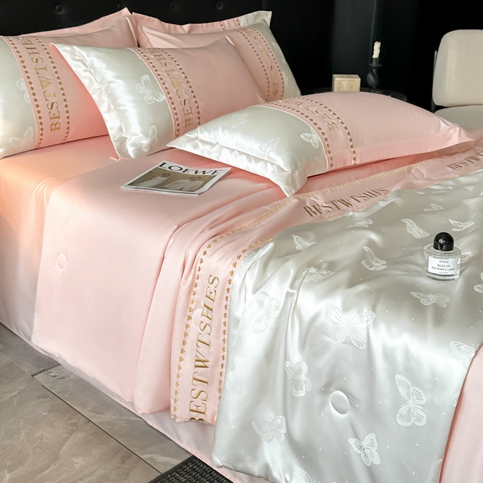 绘萱家居 2026爆款莱赛冰丝绣花拼接提花水洗天丝夏被四件套水洗真丝夏被夏凉被空调被 蝶舞纷飞-粉
