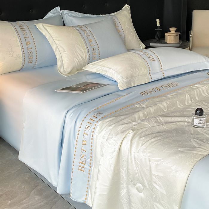 绘萱家居 2026爆款莱赛冰丝绣花拼接提花水洗天丝夏被四件套水洗真丝夏被夏凉被空调被 雅韵柔梦-蓝