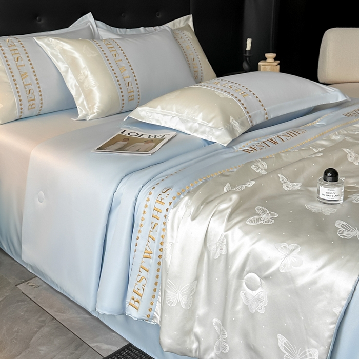 绘萱家居 2026爆款莱赛冰丝绣花拼接提花水洗天丝夏被四件套水洗真丝夏被夏凉被空调被 蝶舞纷飞-蓝