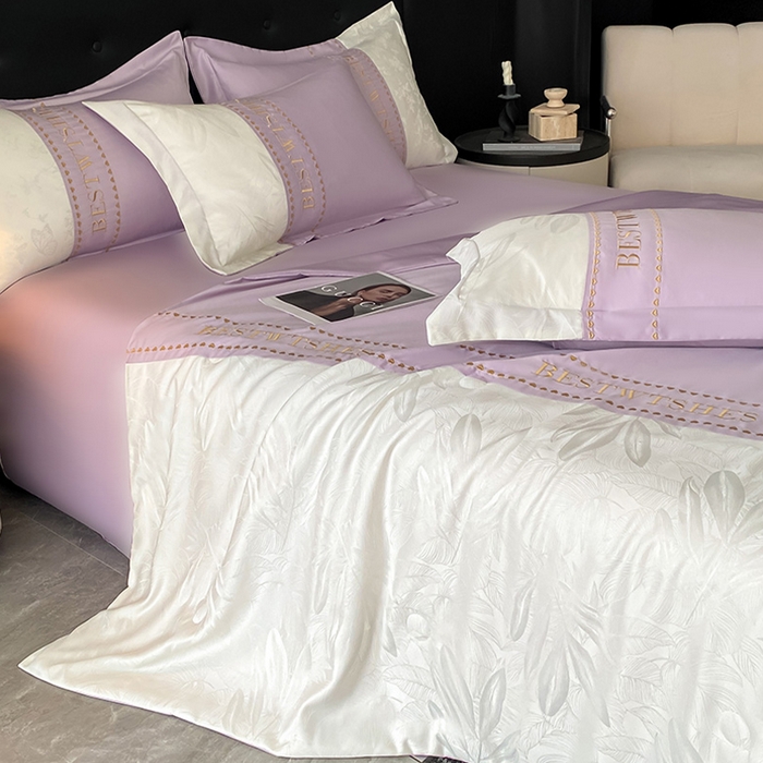 91家纺网 家纺一手货源 找家纺 绘萱家居 2026爆款莱赛冰丝绣花拼接提花水洗天丝夏被四件套水洗真丝夏被夏凉被空调被 雅韵柔梦-紫