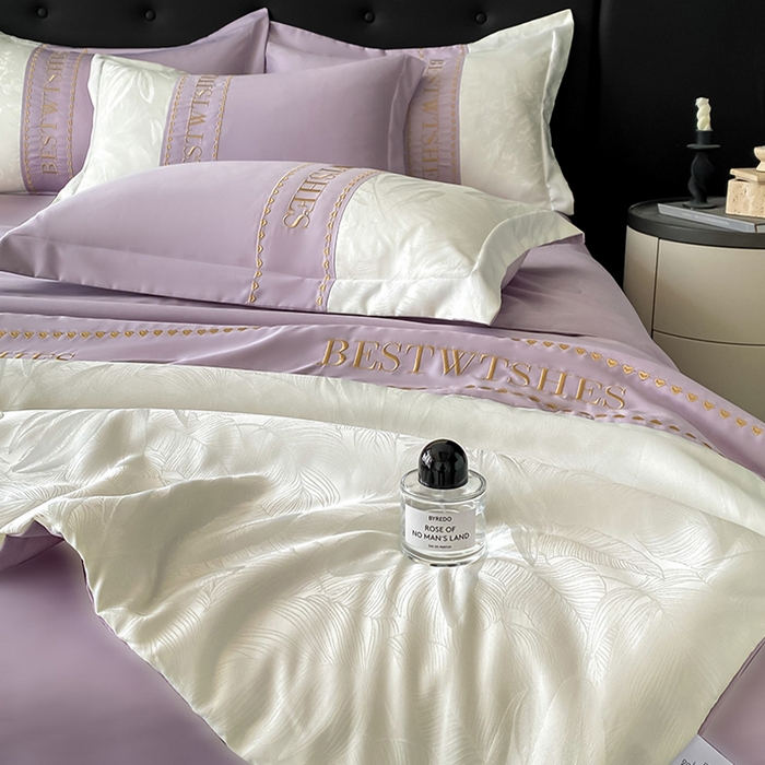 91家纺网 家纺一手货源 找家纺 绘萱家居 2026爆款莱赛冰丝绣花拼接提花水洗天丝夏被四件套水洗真丝夏被夏凉被空调被 雅韵柔梦-紫