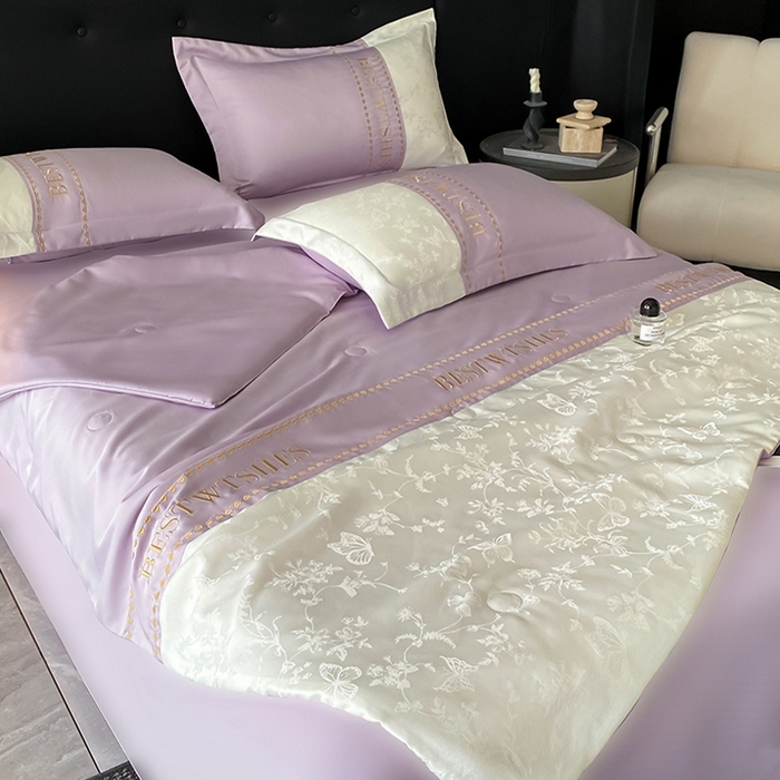 91家纺网 家纺一手货源 找家纺 绘萱家居 2026爆款莱赛冰丝绣花拼接提花水洗天丝夏被四件套水洗真丝夏被夏凉被空调被 花香蝶舞-紫