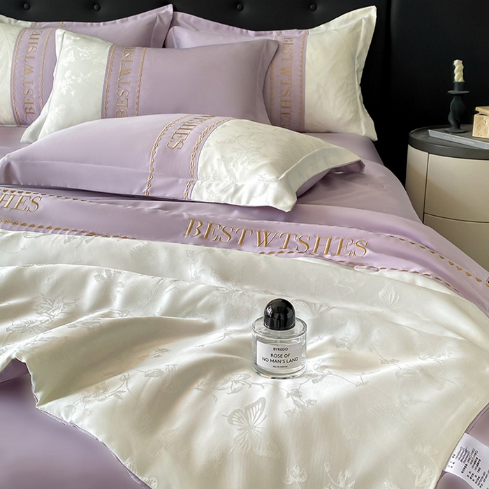 91家纺网 家纺一手货源 找家纺 绘萱家居 2026爆款莱赛冰丝绣花拼接提花水洗天丝夏被四件套水洗真丝夏被夏凉被空调被 花香蝶舞-紫