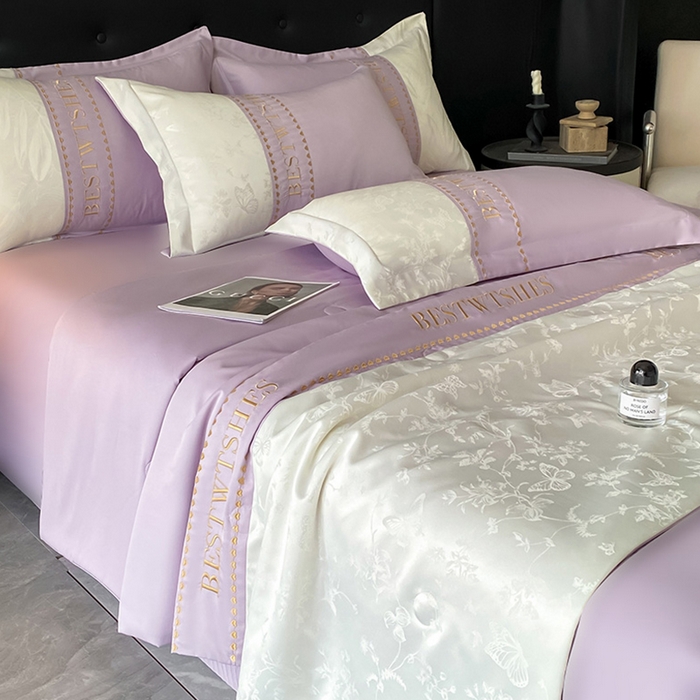 绘萱家居 2026爆款莱赛冰丝绣花拼接提花水洗天丝夏被四件套水洗真丝夏被夏凉被空调被 花香蝶舞-紫