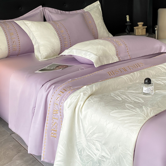 绘萱家居 2026爆款莱赛冰丝绣花拼接提花水洗天丝夏被四件套水洗真丝夏被夏凉被空调被 雅韵柔梦-紫