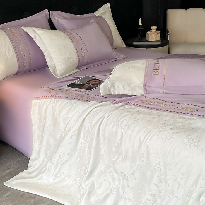 91家纺网 家纺一手货源 找家纺 绘萱家居 2026爆款莱赛冰丝绣花拼接提花水洗天丝夏被四件套水洗真丝夏被夏凉被空调被 花香蝶舞-紫