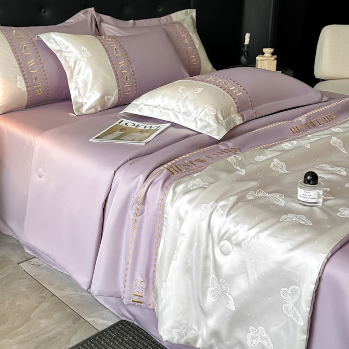 91家纺网 家纺一手货源 找家纺 绘萱家居 2026爆款莱赛冰丝绣花拼接提花水洗天丝夏被四件套水洗真丝夏被夏凉被空调被 蝶舞纷飞-紫