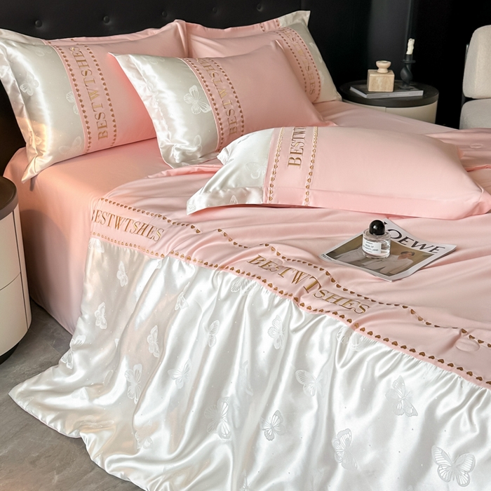 91家纺网 家纺一手货源 找家纺 绘萱家居 2026爆款莱赛冰丝绣花拼接提花水洗天丝夏被四件套水洗真丝夏被夏凉被空调被 蝶舞纷飞-粉