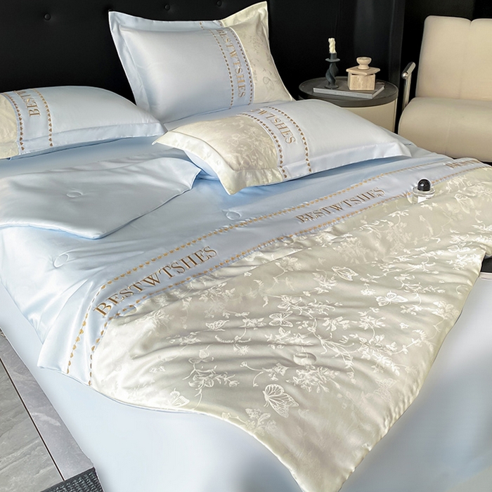 91家纺网 家纺一手货源 找家纺 绘萱家居 2026爆款莱赛冰丝绣花拼接提花水洗天丝夏被四件套水洗真丝夏被夏凉被空调被 花香蝶舞-蓝