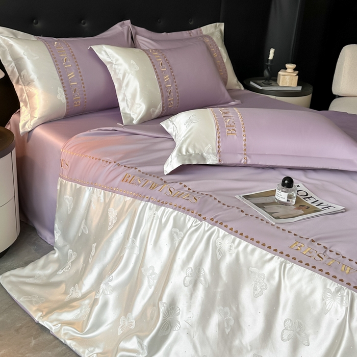 91家纺网 家纺一手货源 找家纺 绘萱家居 2026爆款莱赛冰丝绣花拼接提花水洗天丝夏被四件套水洗真丝夏被夏凉被空调被 蝶舞纷飞-紫