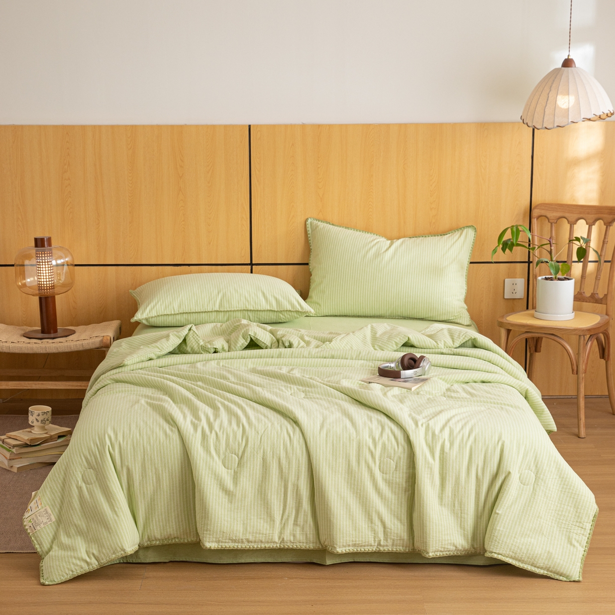 91家纺网 家纺一手货源 找家纺 丽美人家纺 2026新款全棉色织条纹夏被夏凉被空调被 条纹绿