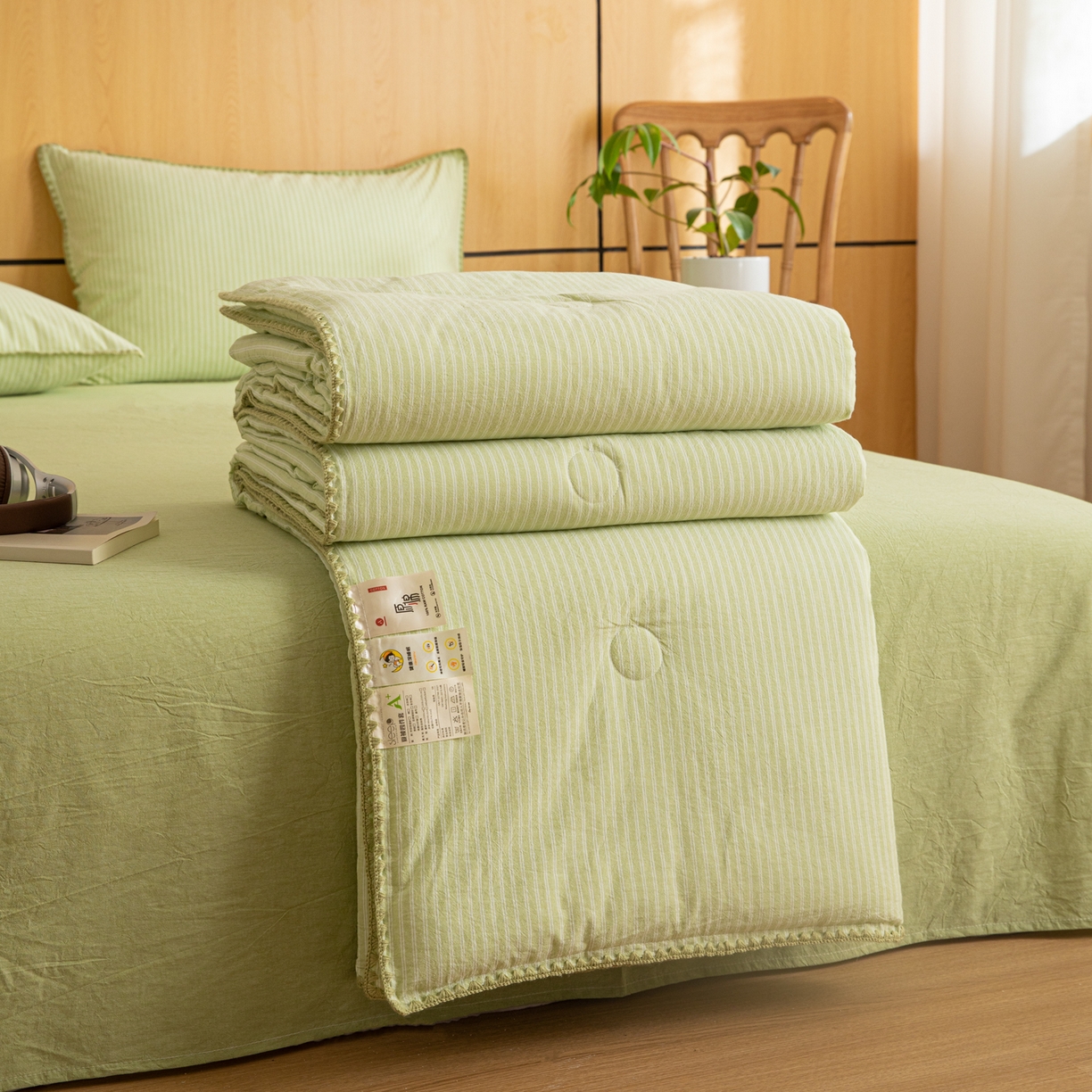 91家纺网 家纺一手货源 找家纺 丽美人家纺 2026新款全棉色织条纹夏被夏凉被空调被 条纹绿