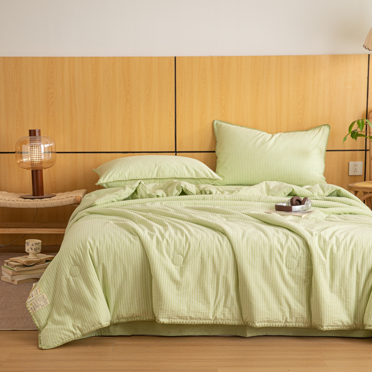 91家纺网 家纺一手货源 找家纺 丽美人家纺 2026新款全棉色织条纹夏被夏凉被空调被 条纹绿