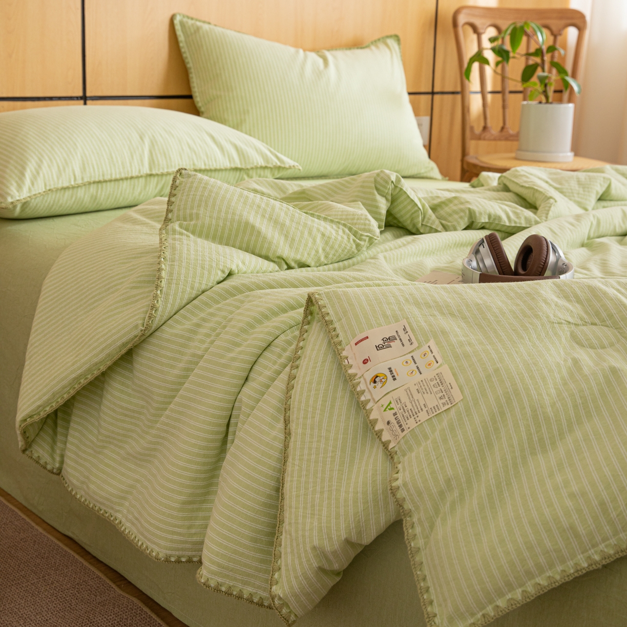 91家纺网 家纺一手货源 找家纺 丽美人家纺 2026新款全棉色织条纹夏被夏凉被空调被 条纹绿