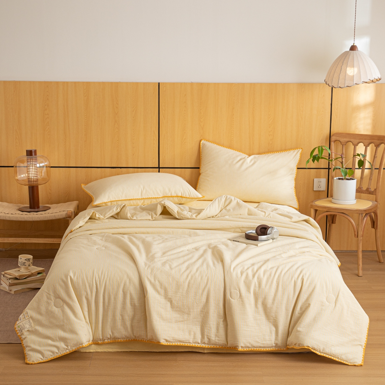 91家纺网 家纺一手货源 找家纺 丽美人家纺 2026新款全棉色织条纹夏被夏凉被空调被 条纹黄