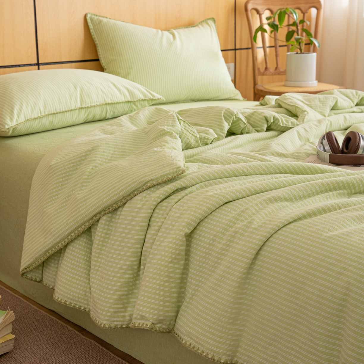 91家纺网 家纺一手货源 找家纺 丽美人家纺 2026新款全棉色织条纹夏被夏凉被空调被 条纹绿