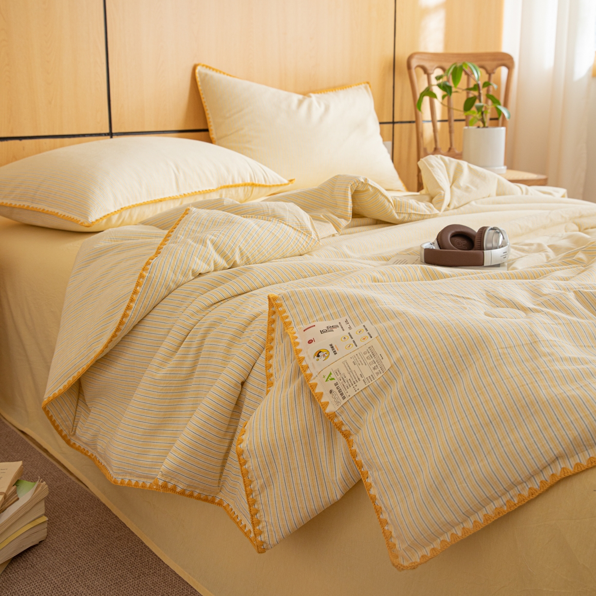 91家纺网 家纺一手货源 找家纺 丽美人家纺 2026新款全棉色织条纹夏被夏凉被空调被 条纹黄