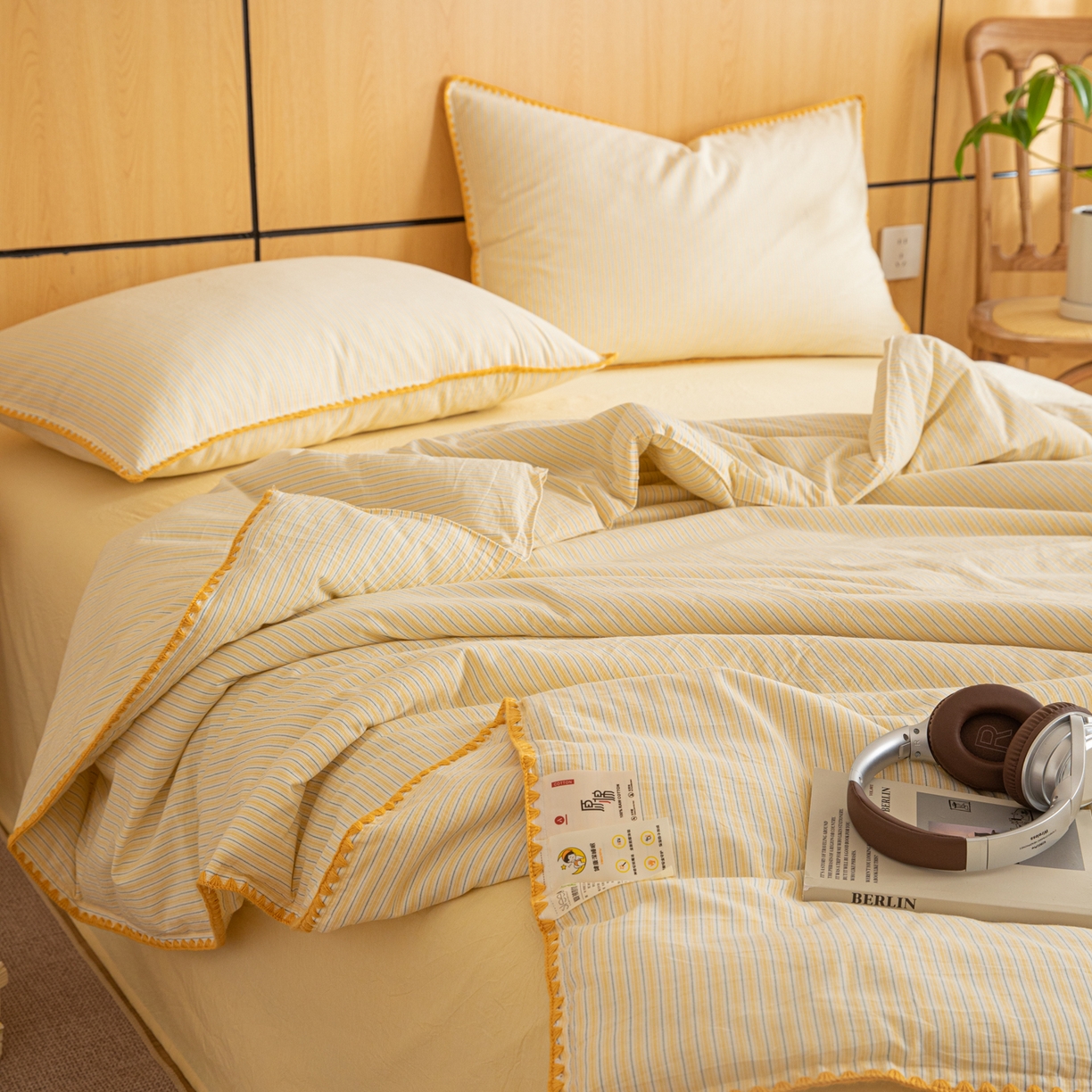 91家纺网 家纺一手货源 找家纺 丽美人家纺 2026新款全棉色织条纹夏被夏凉被空调被 条纹黄