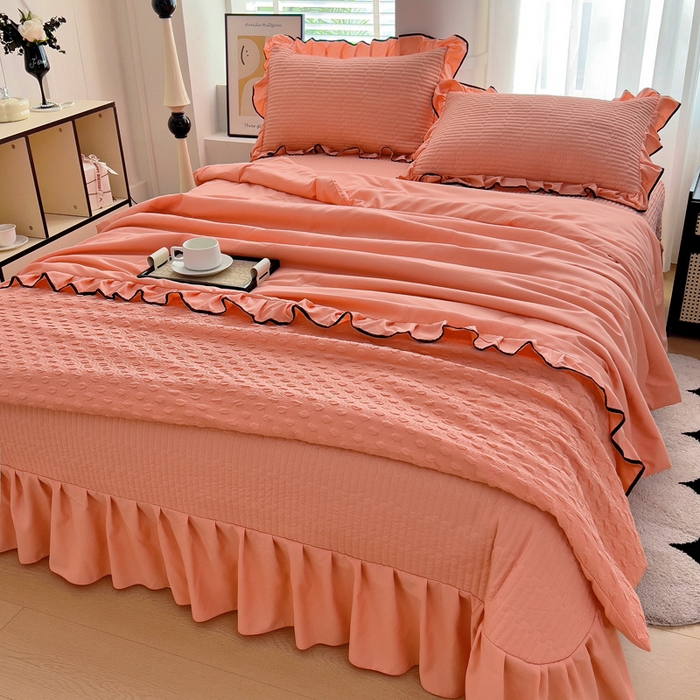 91家纺网 家纺一手货源 找家纺 畅畅家纺 2026春夏新款A类法式花边爱丽莎夏被四件套 爱丽莎-橘粉