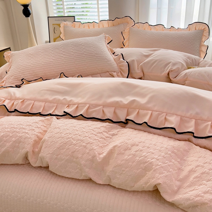 91家纺网 家纺一手货源 找家纺 畅畅家纺 2026新款春夏时尚柔软水洗棉床盖被套四件套 藕粉