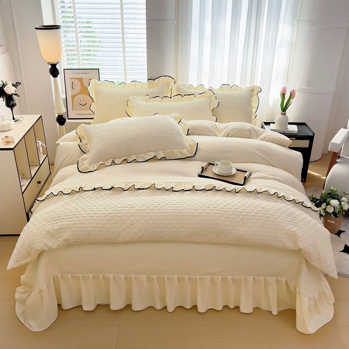 畅畅家纺 2026新款春夏时尚柔软水洗棉床盖被套四件套 米白