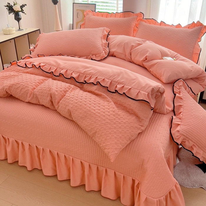91家纺网 家纺一手货源 找家纺 畅畅家纺 2026新款春夏时尚柔软水洗棉床盖被套四件套 橘粉