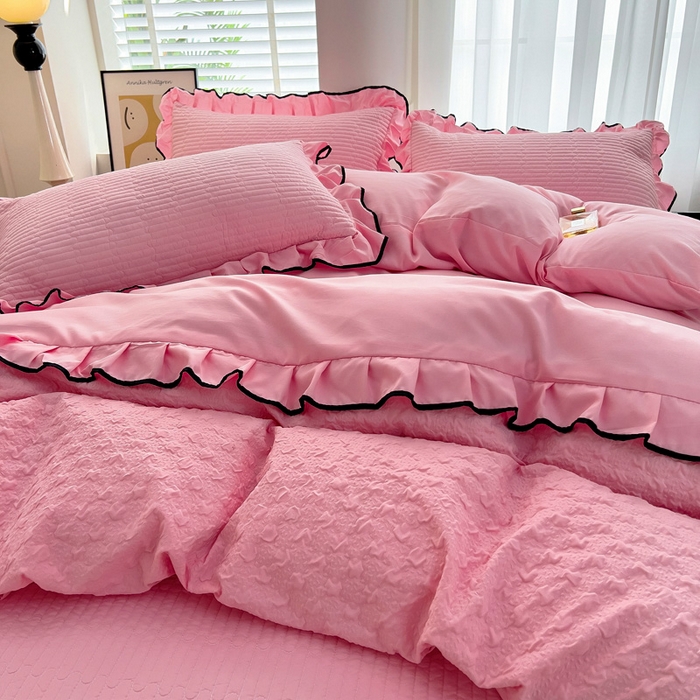 91家纺网 家纺一手货源 找家纺 畅畅家纺 2026新款春夏时尚柔软水洗棉床盖被套四件套 粉色