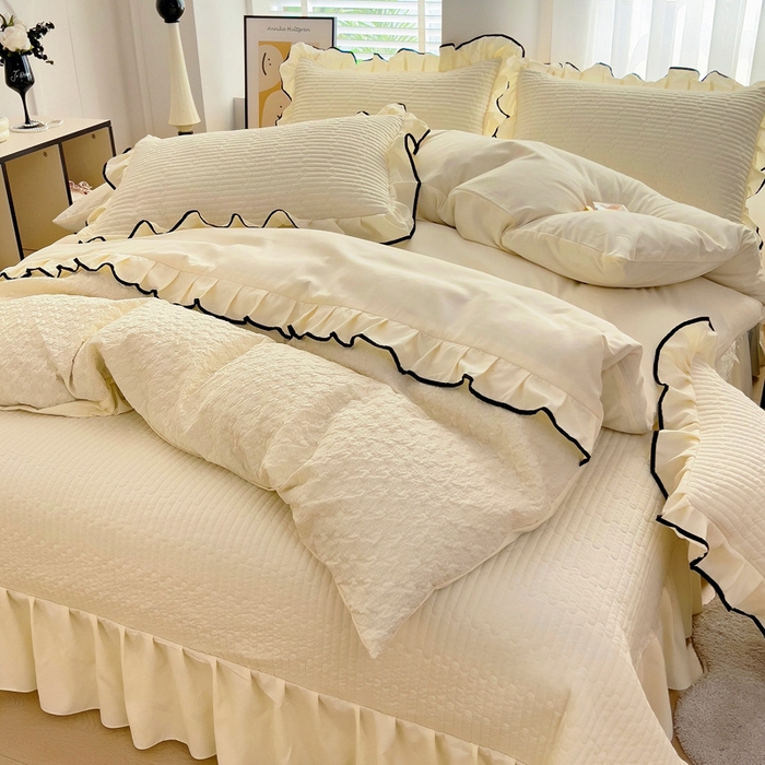 91家纺网 家纺一手货源 找家纺 畅畅家纺 2026新款春夏时尚柔软水洗棉床盖被套四件套 米白