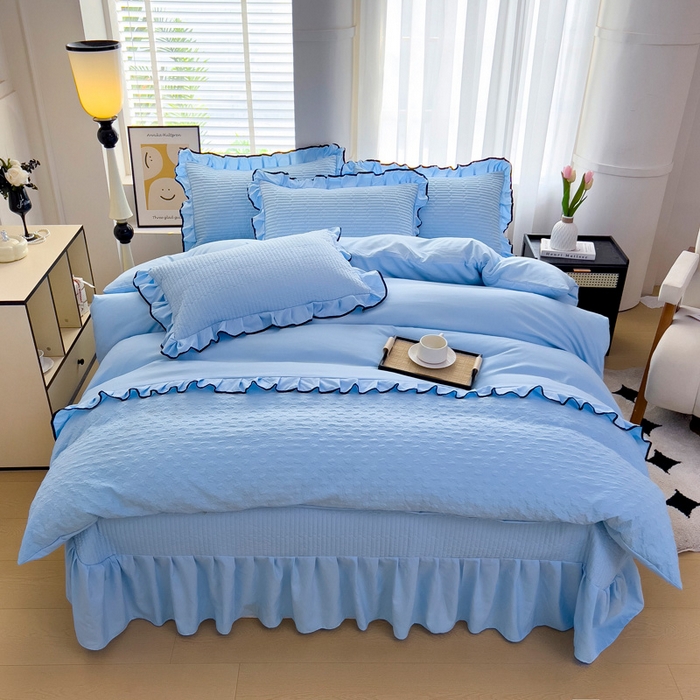 畅畅家纺 2026新款春夏时尚柔软水洗棉床盖被套四件套 深蓝