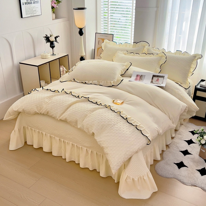 91家纺网 家纺一手货源 找家纺 畅畅家纺 2026新款春夏时尚柔软水洗棉床盖被套四件套 米白