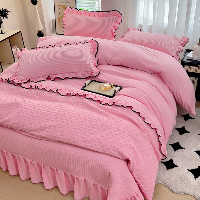 91家纺网 家纺一手货源 找家纺 畅畅家纺 2026新款春夏时尚柔软水洗棉床盖被套四件套 粉色