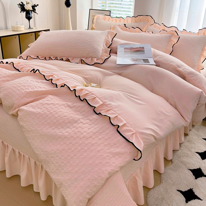 91家纺网 家纺一手货源 找家纺 畅畅家纺 2026新款春夏时尚柔软水洗棉床盖被套四件套 藕粉