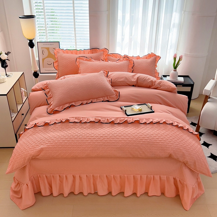 畅畅家纺 2026新款春夏时尚柔软水洗棉床盖被套四件套 橘粉