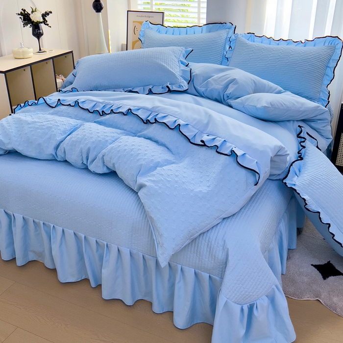 91家纺网 家纺一手货源 找家纺 畅畅家纺 2026新款春夏时尚柔软水洗棉床盖被套四件套 深蓝