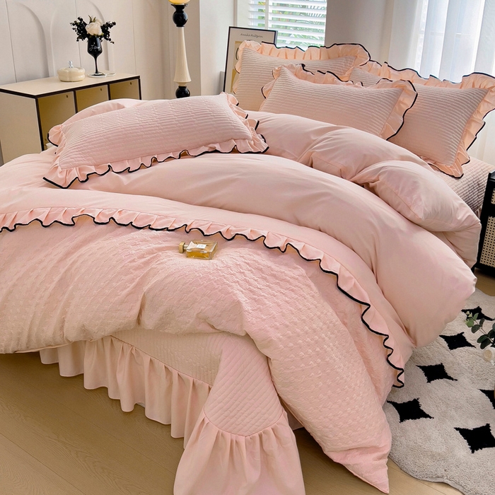 91家纺网 家纺一手货源 找家纺 畅畅家纺 2026新款春夏时尚柔软水洗棉床盖被套四件套 藕粉